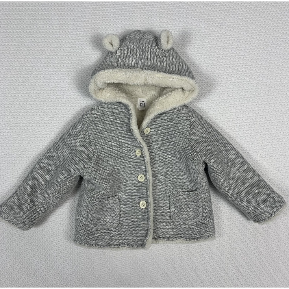 Baby Gap Bear Hood Sherpa Lined Sweater Jacket 18-24 Months Gray Unisex